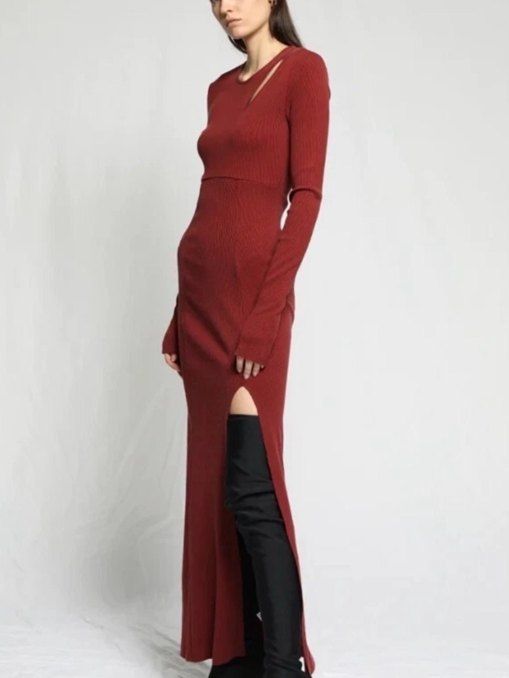 Ribbed Long-Sleeve Maxi Dress in Rust with Side Slit